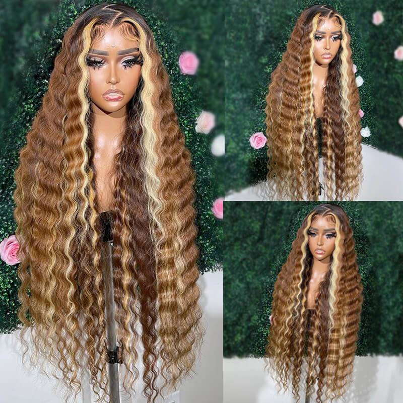 eullair Brown with Blonde Highlight Loose Deep Wave Wig Skunk Stripe Human Hair Lace Frontal Wig