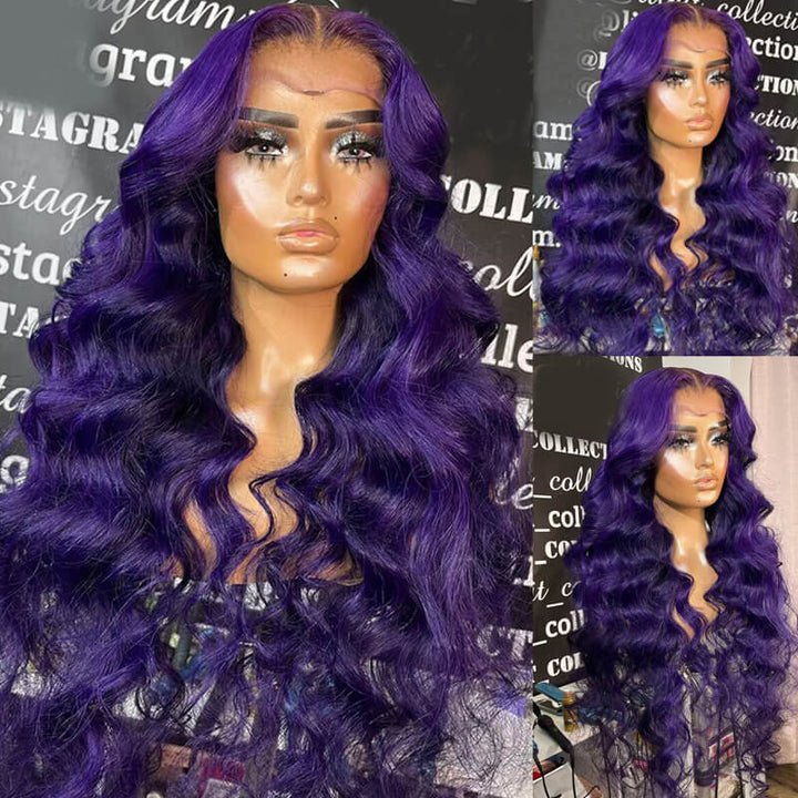 New! eullair Affordable Dark Purple Glueless Body Wave Lace Frontal Wig for Brown Skin Women