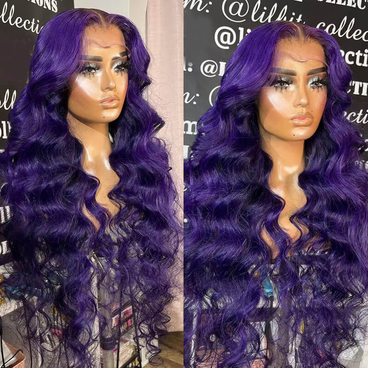 New! eullair Affordable Dark Purple Glueless Body Wave Lace Frontal Wig for Brown Skin Women