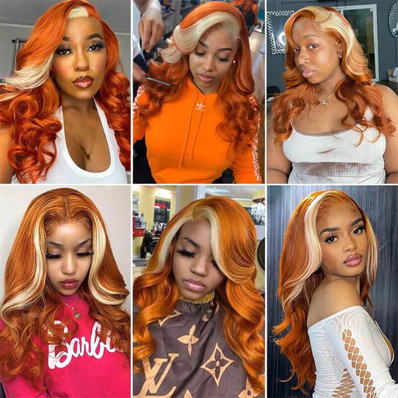 eullair Ginger Lace Front Wigs with Blonde Highlights Body Wave Human Hair Wigs