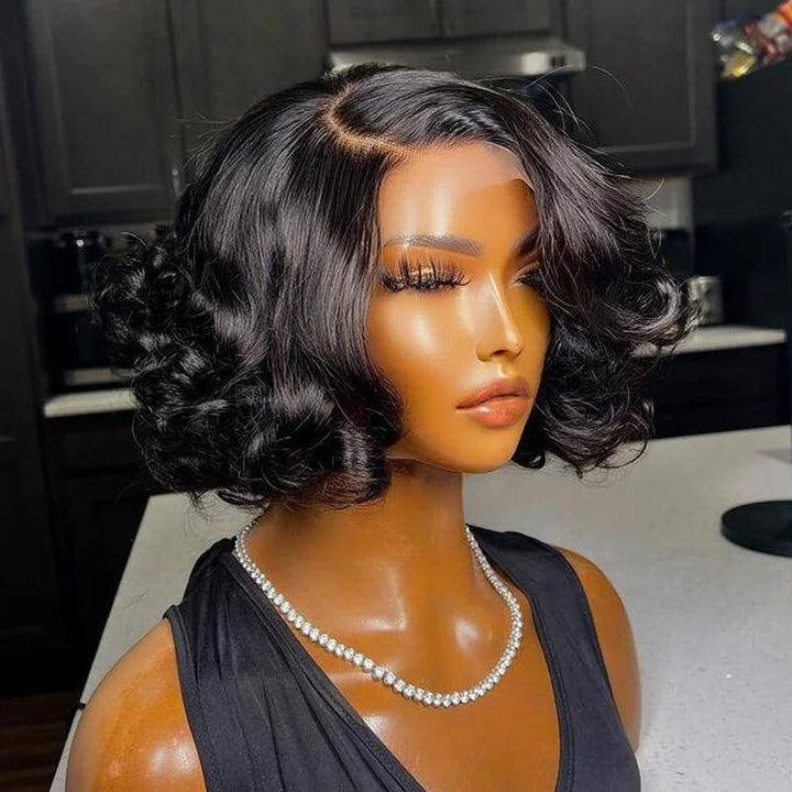 eullair Short Side Part 4x4 Lace Closure Wavy Wig Pre Colored Loose Curl Glueless Human Hair BOB Wig 12inch