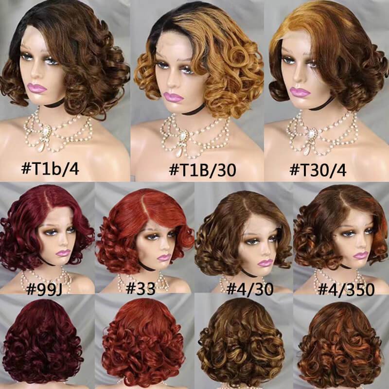 eullair Short Side Part 4x4 Lace Closure Wavy Wig Pre Colored Loose Curl Glueless Human Hair BOB Wig 12inch