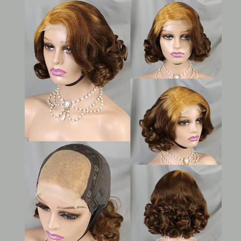 eullair Short Side Part 4x4 Lace Closure Wavy Wig Pre Colored Loose Curl Glueless Human Hair BOB Wig 12inch