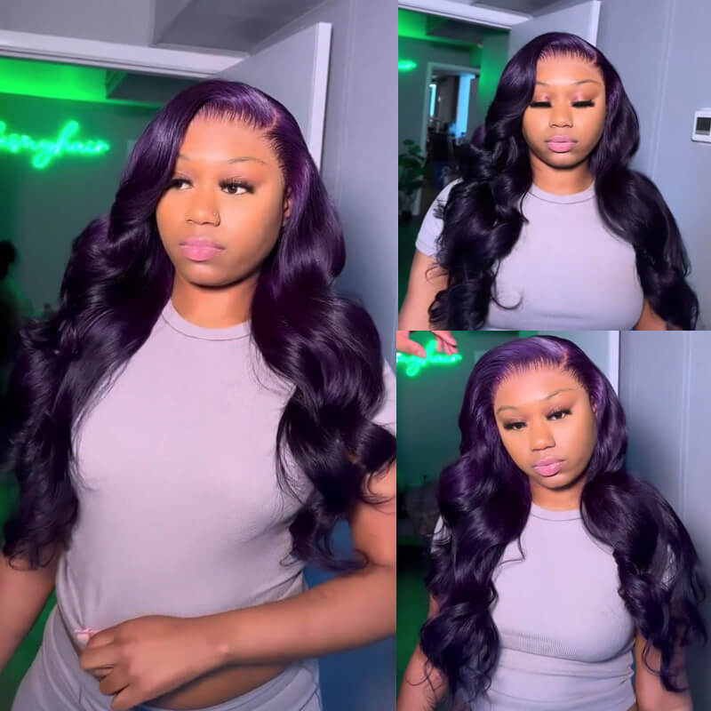 New! eullair Affordable Dark Purple Glueless Body Wave Lace Frontal Wig for Brown Skin Women