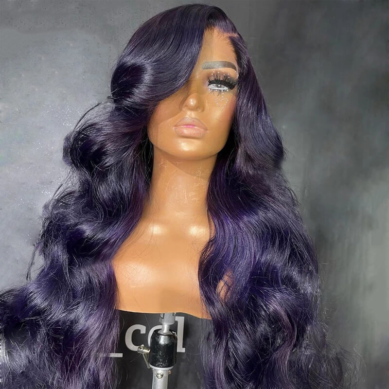 New! eullair Affordable Dark Purple Glueless Body Wave Lace Frontal Wig for Brown Skin Women