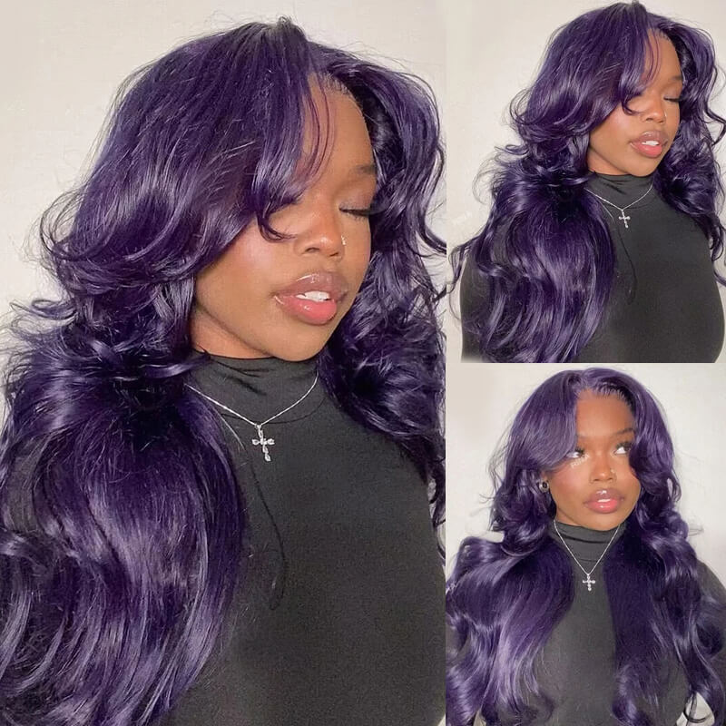 New! eullair Affordable Dark Purple Glueless Body Wave Lace Frontal Wig for Brown Skin Women