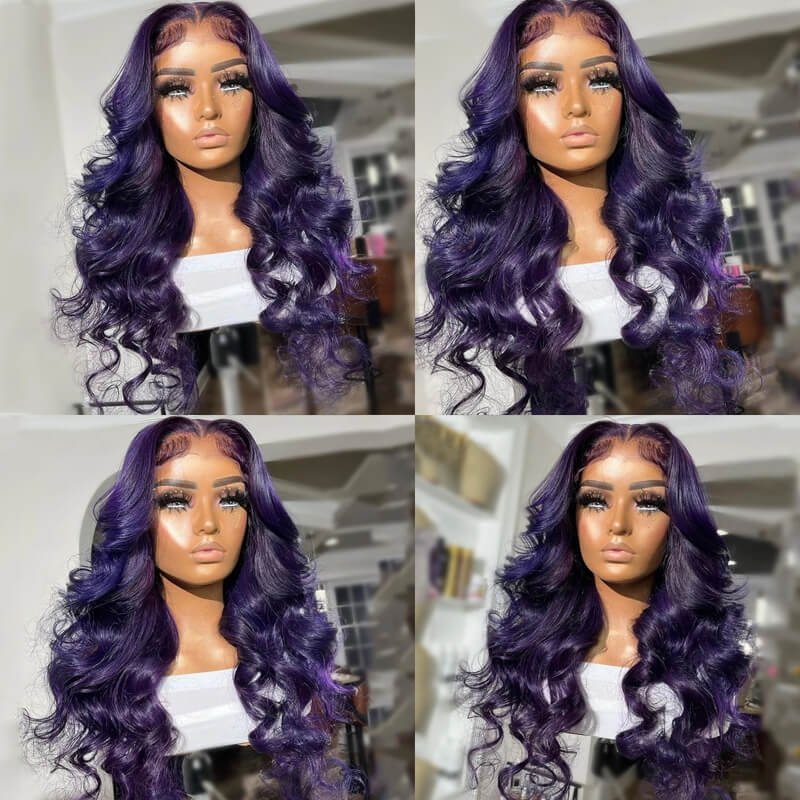 New! eullair Affordable Dark Purple Glueless Body Wave Lace Frontal Wig for Brown Skin Women