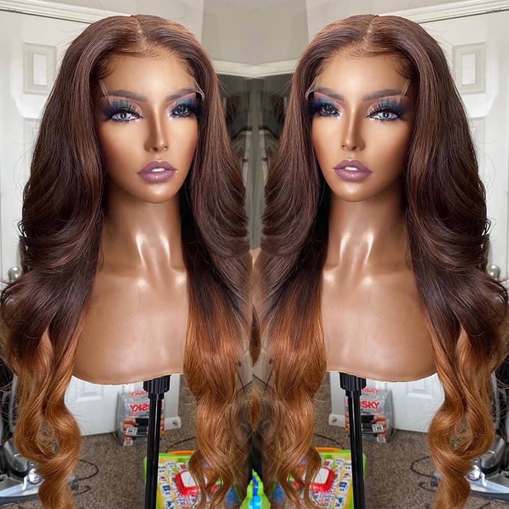 Celebrity Hairstyle | eullair Ombre Brown Ginger Body Wave/ Straight Human Hair Lace Frontal Wig