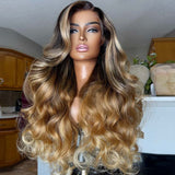 eullair Ombre Brown with Honey Blonde Highlights Body Wave Wig Pre Colored Human Hair Lace Frontal Wig For Women