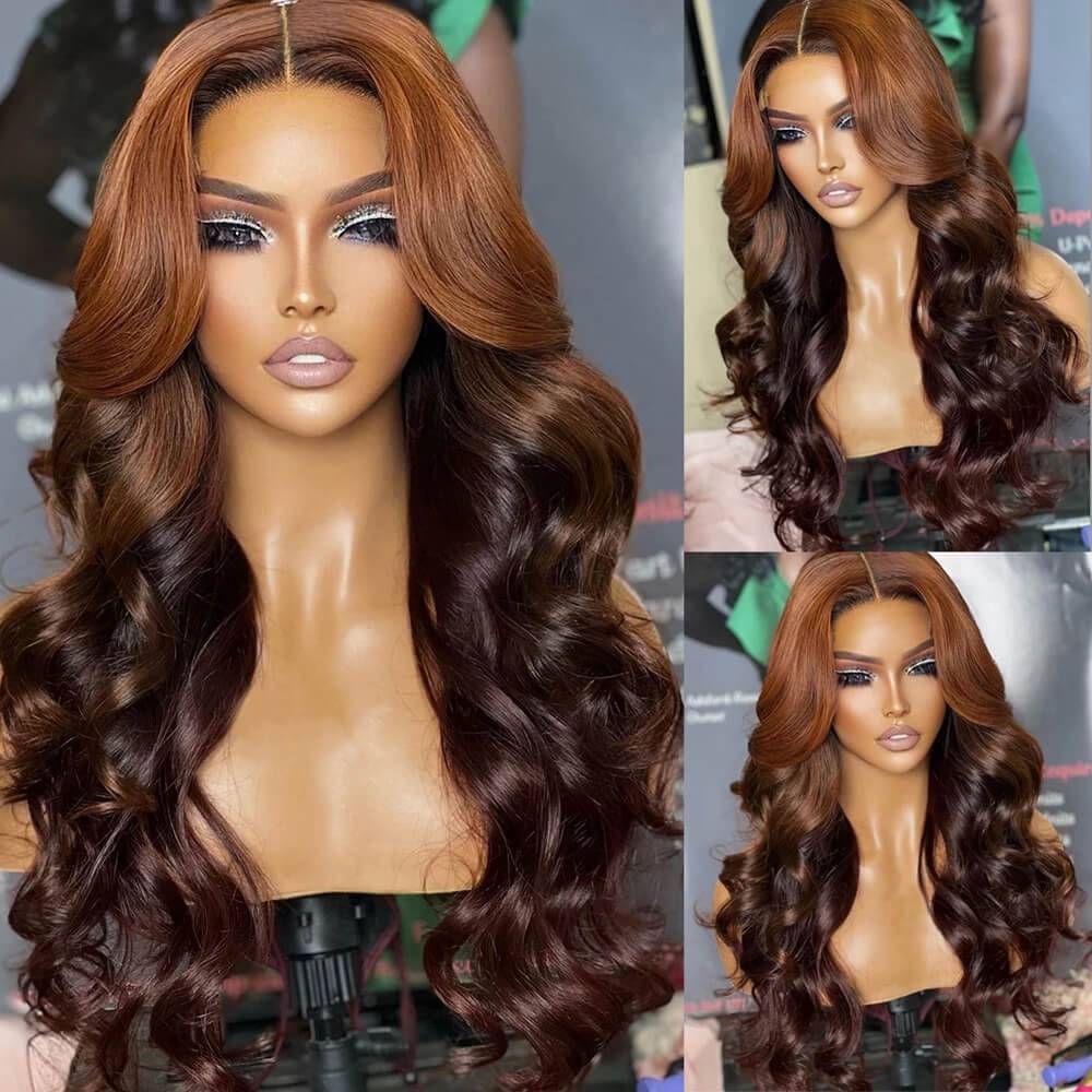 Celebrity Hairstyle | eullair Ombre Brown Ginger Body Wave/ Straight Human Hair Lace Frontal Wig