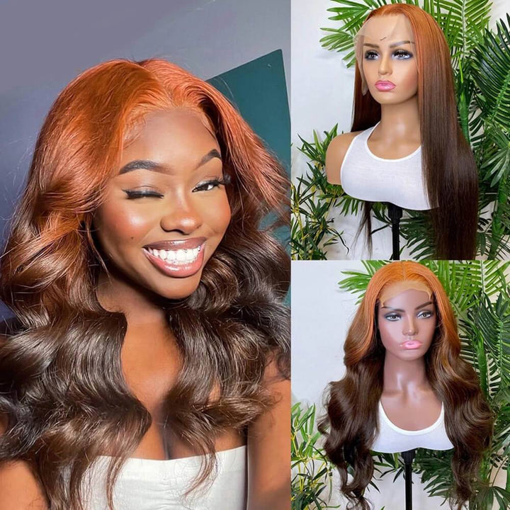 Celebrity Hairstyle | eullair Ombre Brown Ginger Body Wave/ Straight Human Hair Lace Frontal Wig