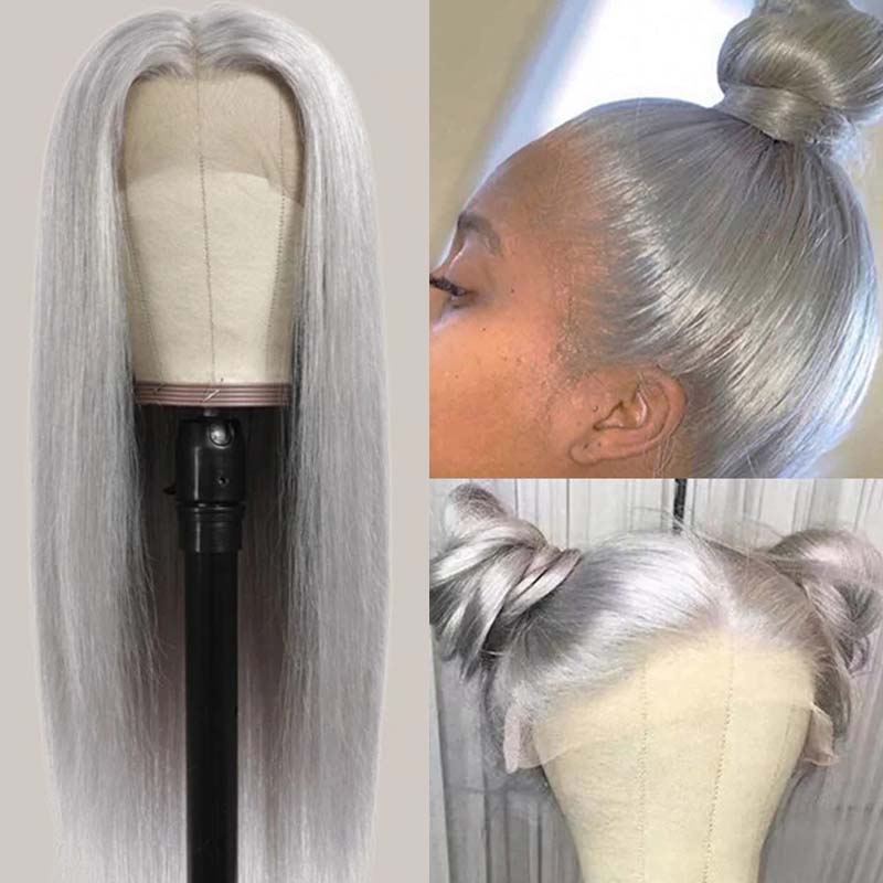 eullair Grey Colored Lace Frontal Wigs Pre Plucked 180 Density 13×4 Straight Human Hair Wigs Glueless Silver Lace Front Wigs for Women