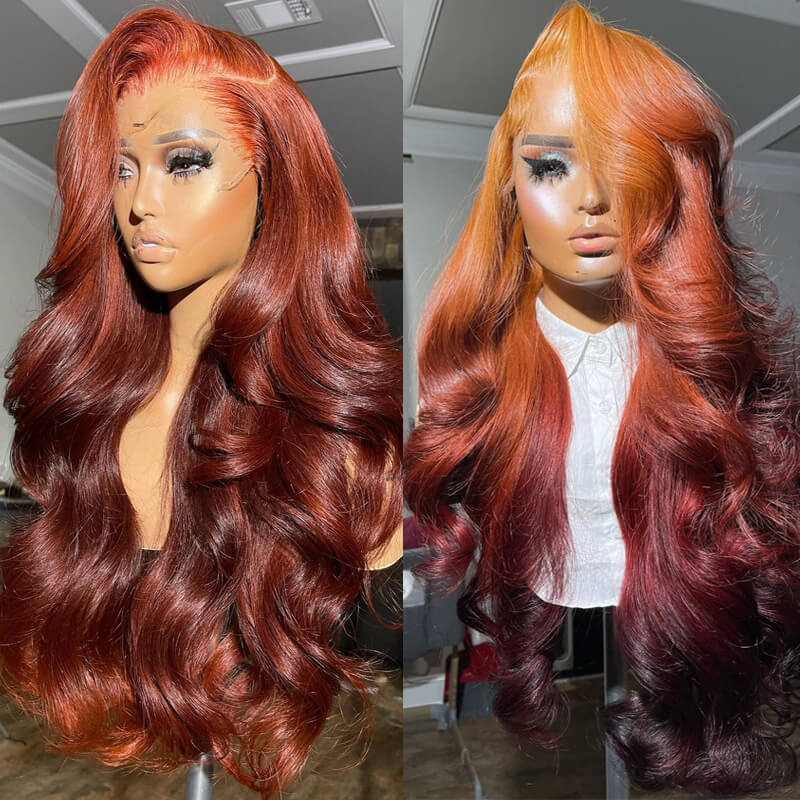 eullair Flawless Gorgeous Ombre Coral Orange Cooper Brown Body Wave Human Hair Wig Sunset Cooper Brown Lace Frontal Wig