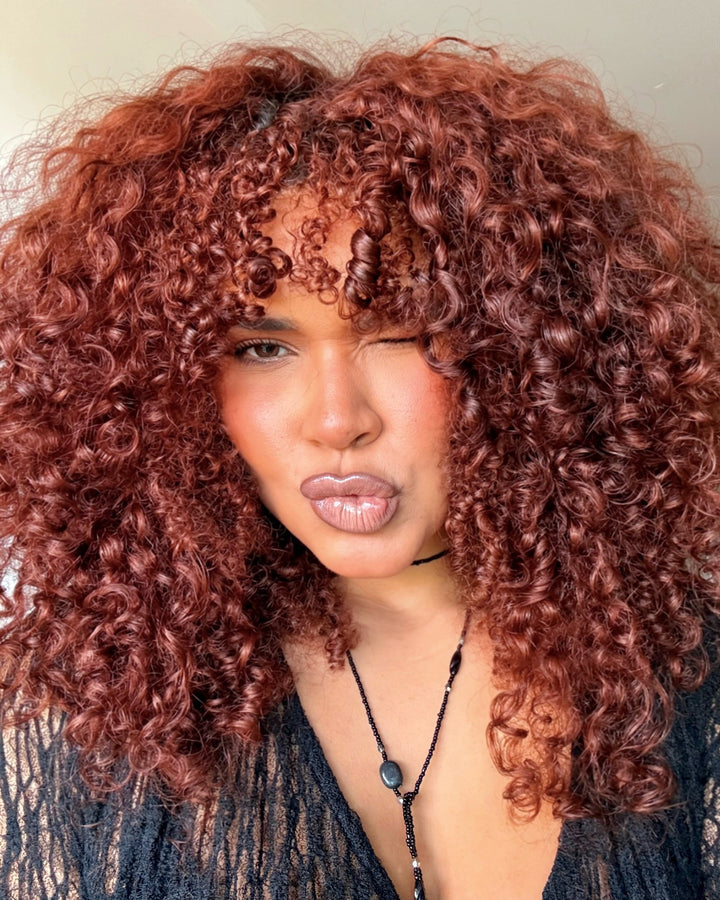 eullair Reddish Brown Burmese Curly V Part Wig 250% Density Auburn Brown Fluffy Curly No Leave Out