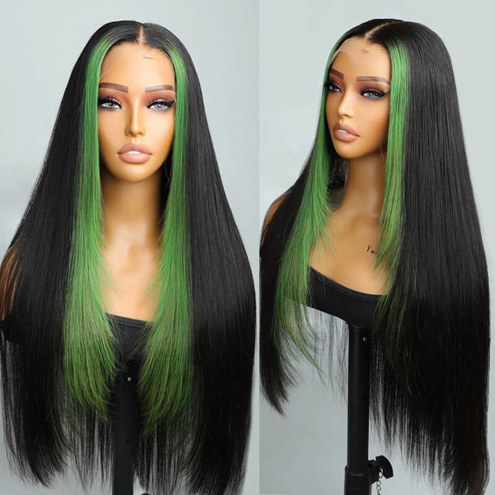 eullair Framing Green Skunk Stripe Layered Cut Styled Golden Ginger Highlight Straight Pre Cut Lace Front Human Hair Wig