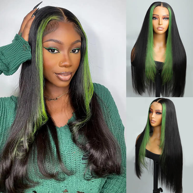 eullair Framing Green Skunk Stripe Layered Cut Styled Golden Ginger Highlight Straight Pre Cut Lace Front Human Hair Wig