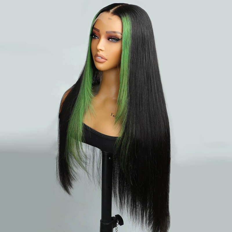 eullair Framing Green Skunk Stripe Layered Cut Styled Golden Ginger Highlight Straight Pre Cut Lace Front Human Hair Wig