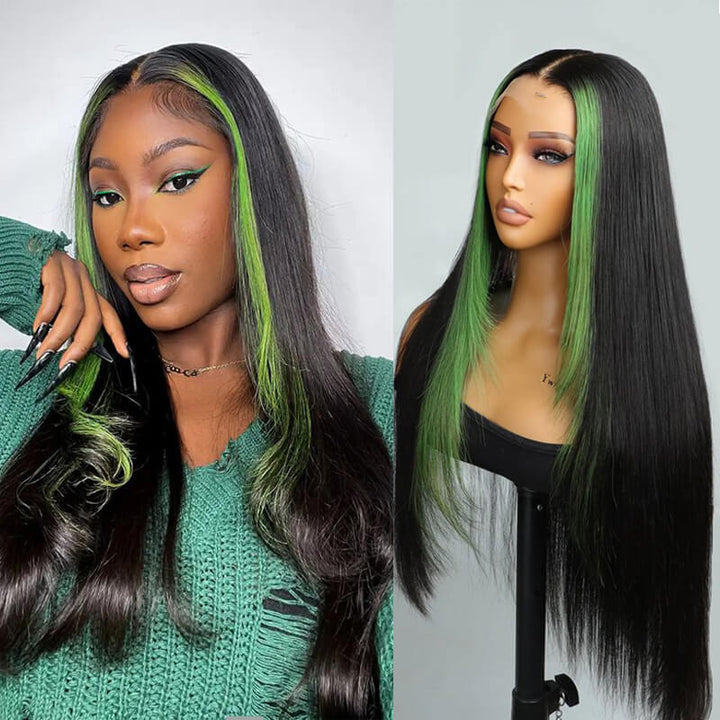 eullair Framing Green Skunk Stripe Layered Cut Styled Golden Ginger Highlight Straight Pre Cut Lace Front Human Hair Wig