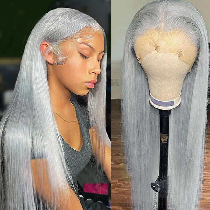 eullair Grey Colored Lace Frontal Wigs Pre Plucked 180 Density 13×4 Straight Human Hair Wigs Glueless Silver Lace Front Wigs for Women