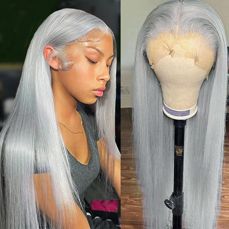 eullair Grey Colored Lace Frontal Wigs Pre Plucked 180 Density 13×4 Straight Human Hair Wigs Glueless Silver Lace Front Wigs for Women