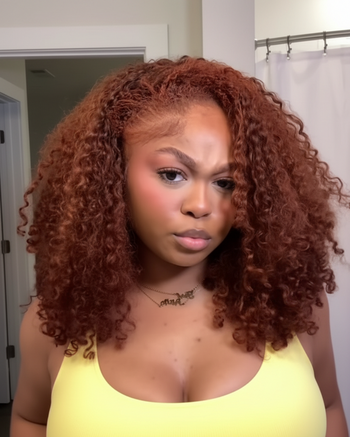eullair 3 IN 1 Half Wig Reddish Brown Burmese Curly Wig Curly Texture Soft Fluffy Human Hair Wig