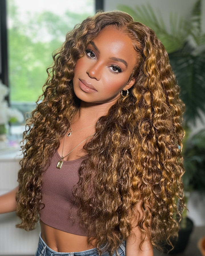 Flash Sale $179=28inch eullair Pre Colored Human Hair Curly Wig Burgundy/ Brown/ Highlight 13x4 Lace Frontal Wig