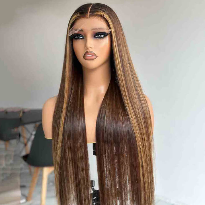 eullair Cheap Colored Human Hair Wigs Classic Brown Highlights Straight Lace Frontal Wig For Women