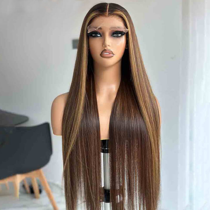 eullair Cheap Colored Human Hair Wigs Classic Brown Highlights Straight Lace Frontal Wig For Women