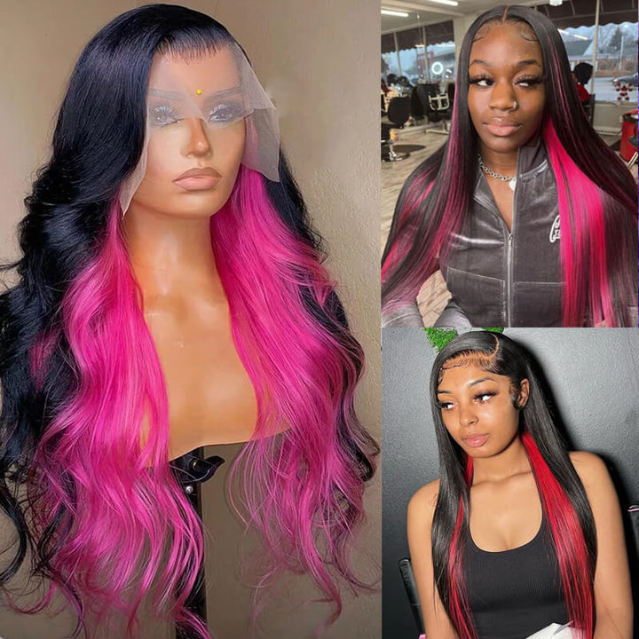 Trendy Inner Color Unit! eullair Inner Red/ Pink Human Hair Lace Frontal Wig