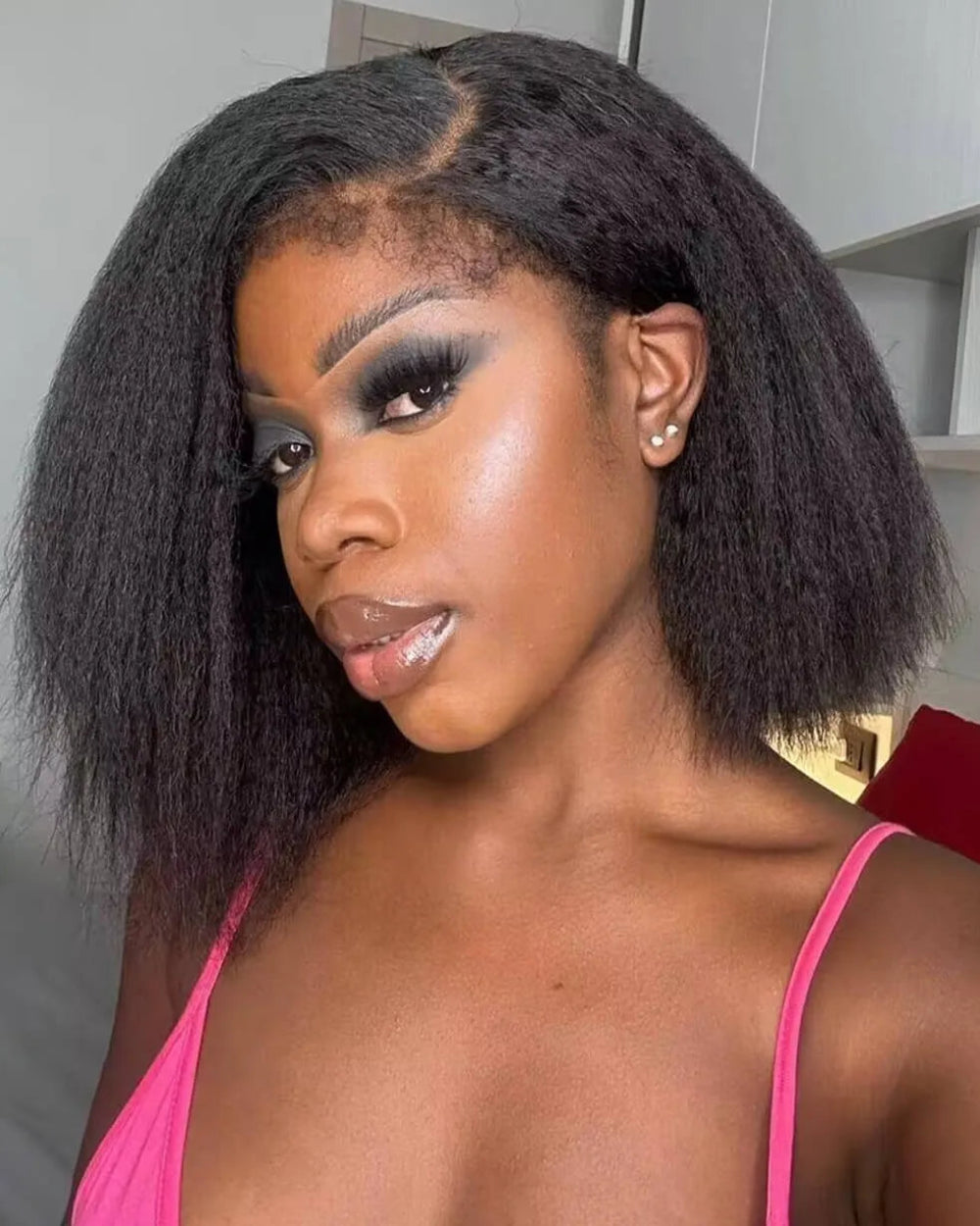 eullair 4C Edges Hairline Kinky Straight Glueless 6×4 Gluless Lace Short Bob Wig|200% Density