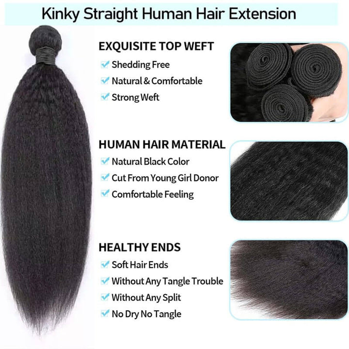eullair Kinky Straight Hair Bundles Deal 10A Human Virgin Hair Weft 3/4 Bundles