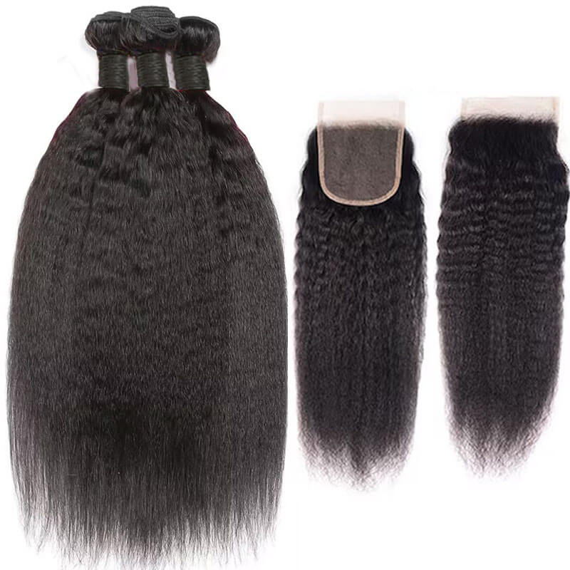 eullair Kinky Straight Human Hair Bundles With Closure 3/4 PCS With 4x4 5x5 2x6 Lace Closure