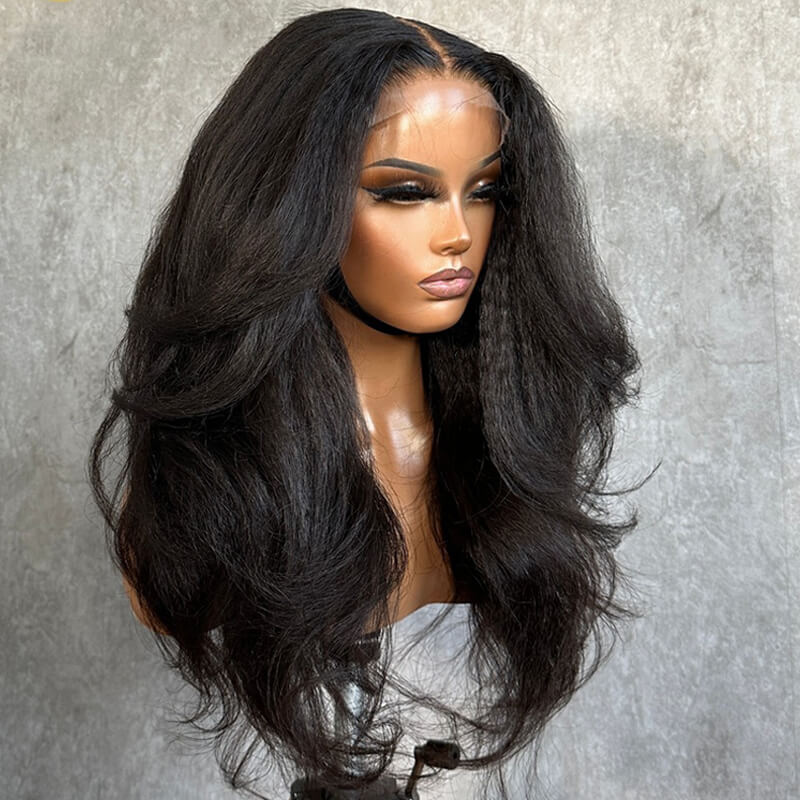 eullair Cheap Kinky Straight Human Hair Wig Pre Cut Lace Frontal Wig with Layered Cut Butterfly Look For Black Women