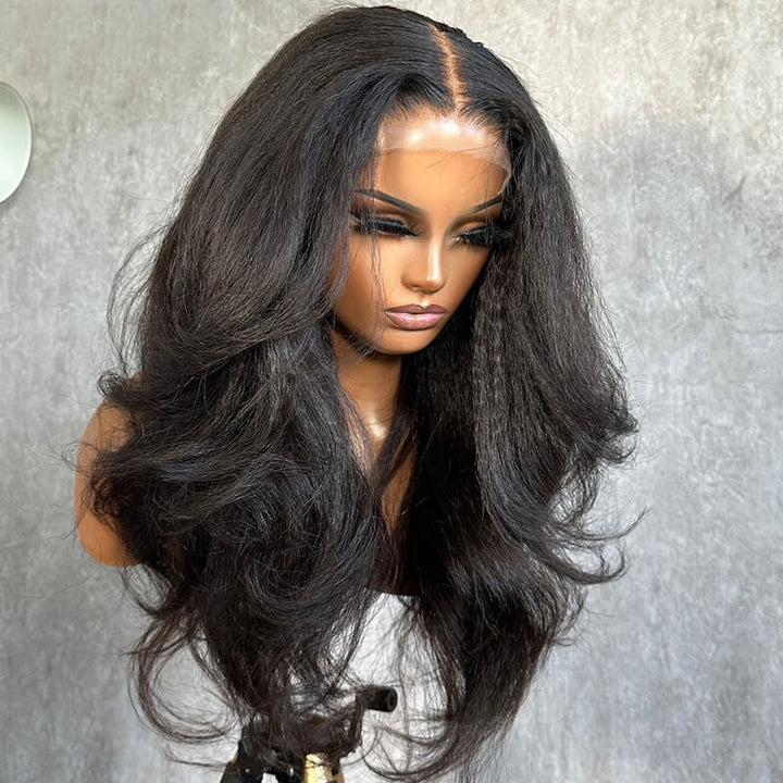 eullair Cheap Kinky Straight Human Hair Wig Pre Cut Lace Frontal Wig with Layered Cut Butterfly Look For Black Women