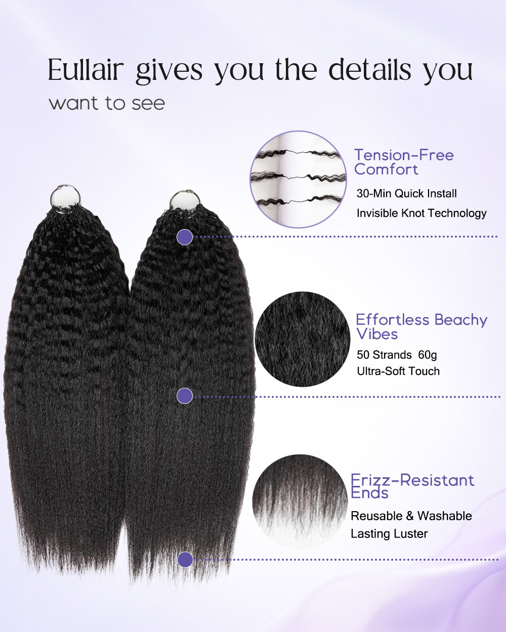eullair Kinky Straight Human Hair Feather Crochet Extensions - Pre-Looped For Miracle Knots