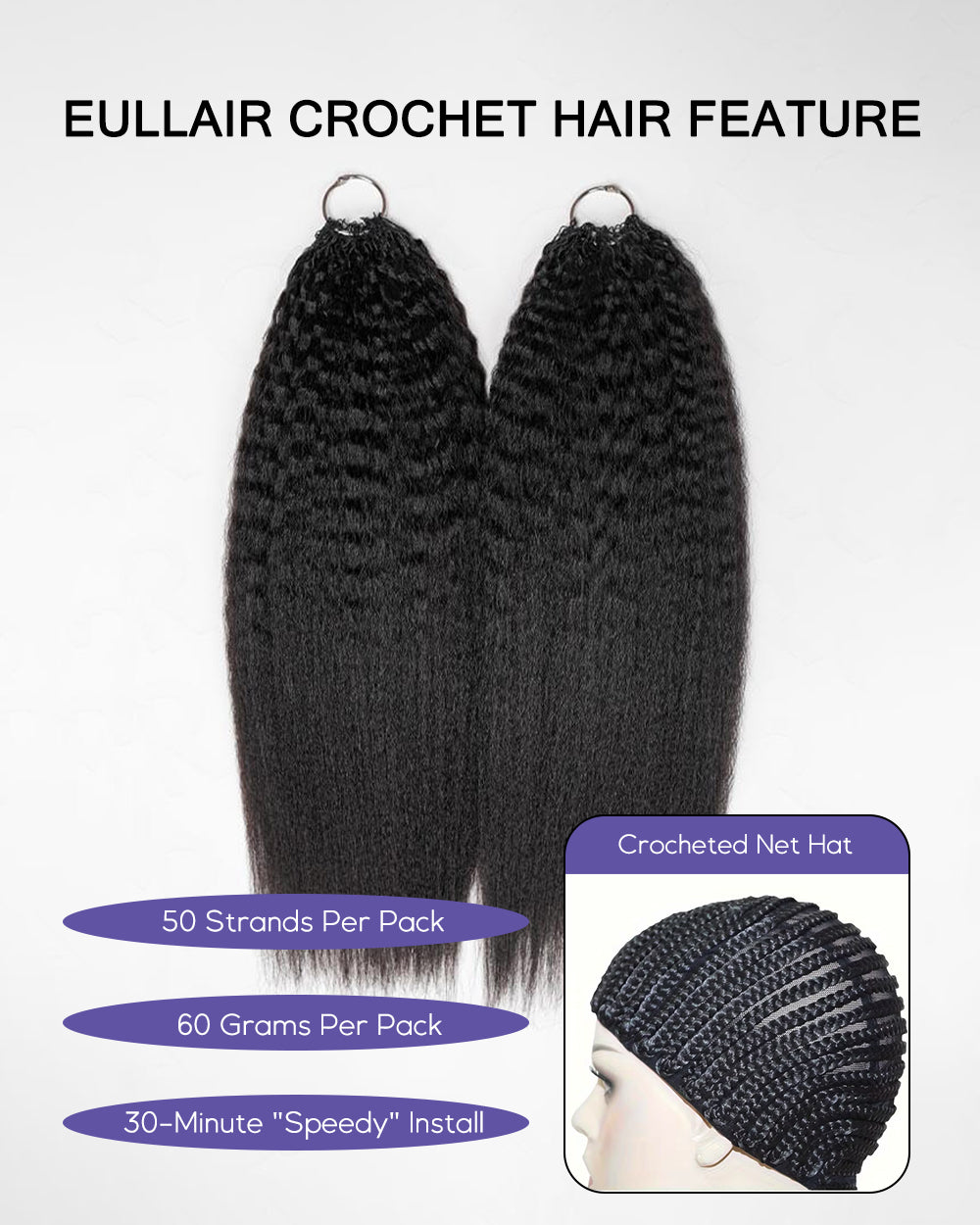eullair Kinky Straight Human Hair Feather Crochet Extensions - Pre-Looped For Miracle Knots