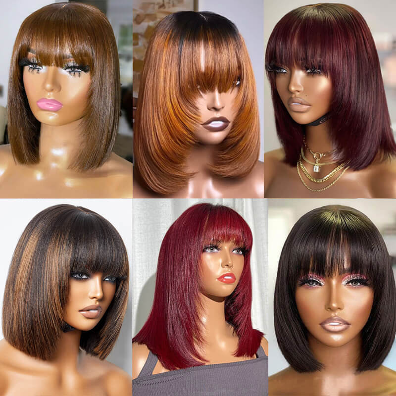 eullair Layered Cut Bangs Bob Wig Short Pre Colored Glueless Straight Hunan Hair Pre Cut 4x4 5x5 Lace Closure Wig