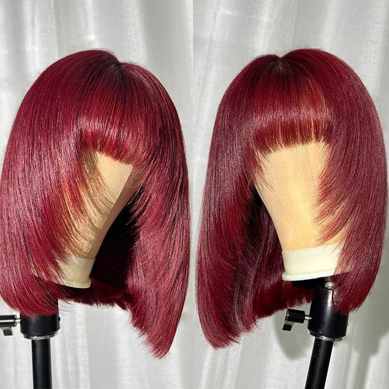eullair Layered Cut Bangs Bob Wig Short Pre Colored Glueless Straight Hunan Hair 4x4 Lace Closure Wig
