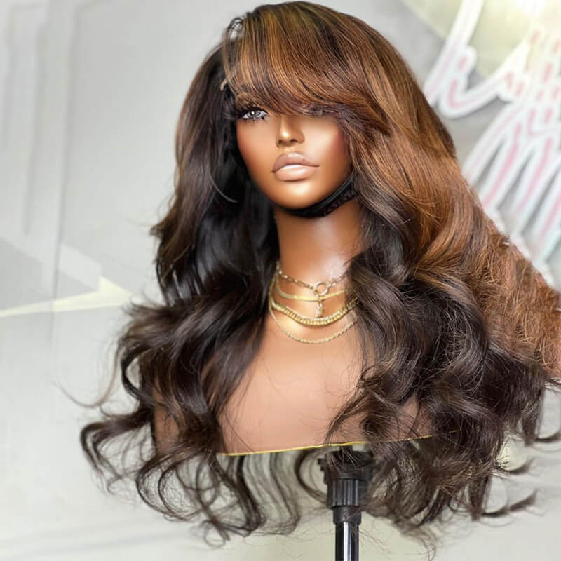 eullair Pre Styled Brown Highlights Wavy Layered Cut Pre Cut Side Part Human Hair Lace Frontal Wig Easy Install