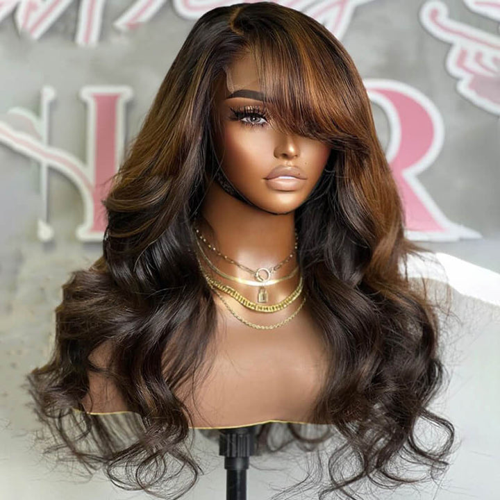 eullair Pre Styled Brown Highlights Wavy Layered Cut Pre Cut Side Part Human Hair Lace Frontal Wig Easy Install