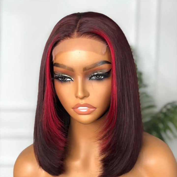 eullair Short Layered Cut Pre Plucked Glueless Wine Red Highlight Straight Skunk Stripe Human Hair BOB wig