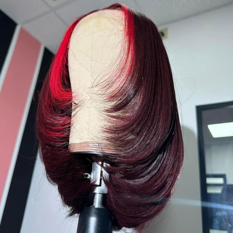 eullair Short Layered Cut Pre Plucked Glueless Wine Red Highlight Straight Skunk Stripe Hunan Hair BOB wig
