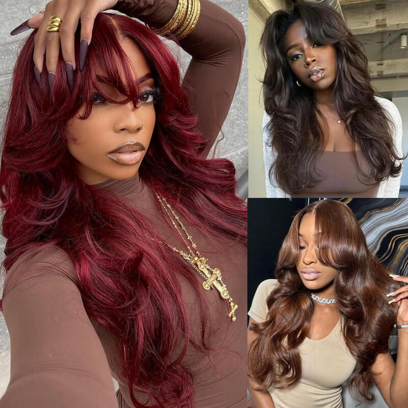 eullair Brown Colored Layered Cut Curtain Bangs Wavy Wig Medium Length Burgundy 13x4 Lace Frontal Human Hair Wigs