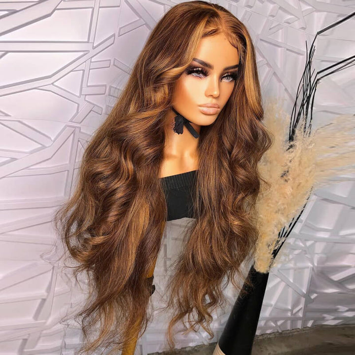 eullair Mixed Brown Highlight Body Wave Human Hair Wig HD Transparent Lace Frontal Wigs For Black Women