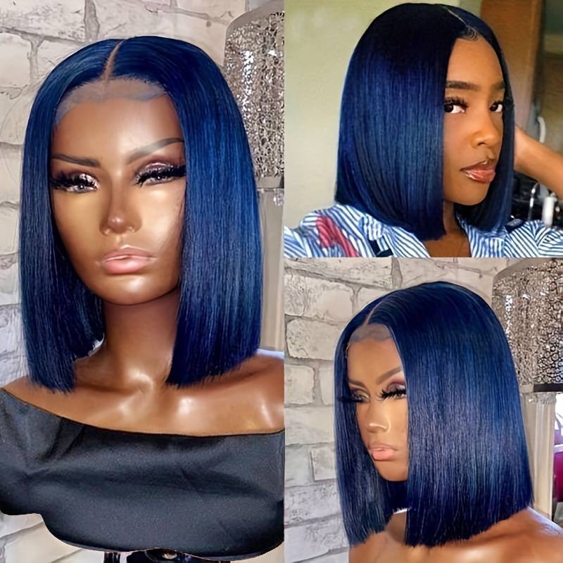 eullair Short Navy Blue Straight Lace Frontal Wig Pre Colored Hunan Hair BOB 4x4 Closure Wig