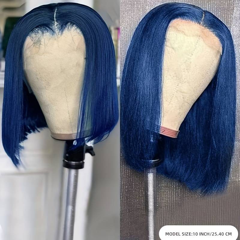 eullair Short Navy Blue Straight Lace Frontal Wig Pre Colored Hunan Hair BOB 4x4 Closure Wig
