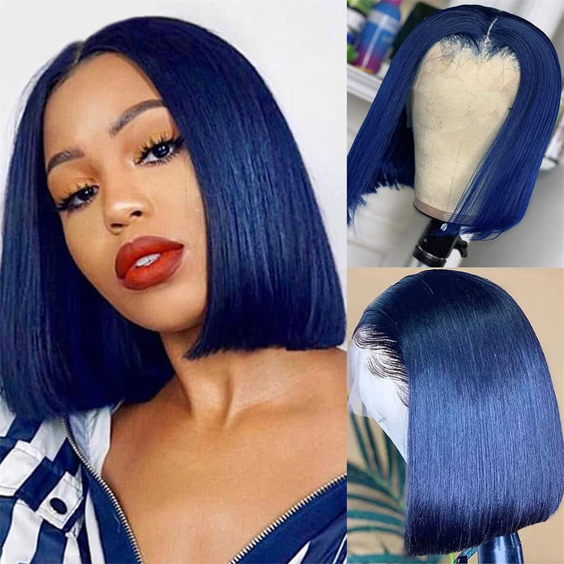 eullair Short Navy Blue Straight Lace Frontal Wig Pre Colored Hunan Hair BOB 4x4 Closure Wig