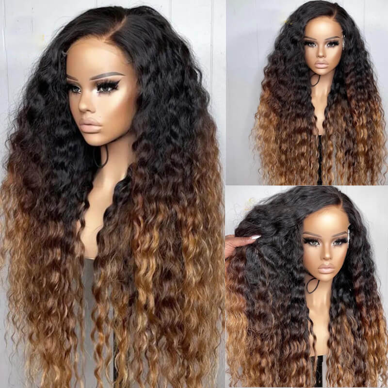 eullair Ombre 1b/30 Brown Highlights Curly Wig with 1b Roots Lace Frontal Human Hair Wig