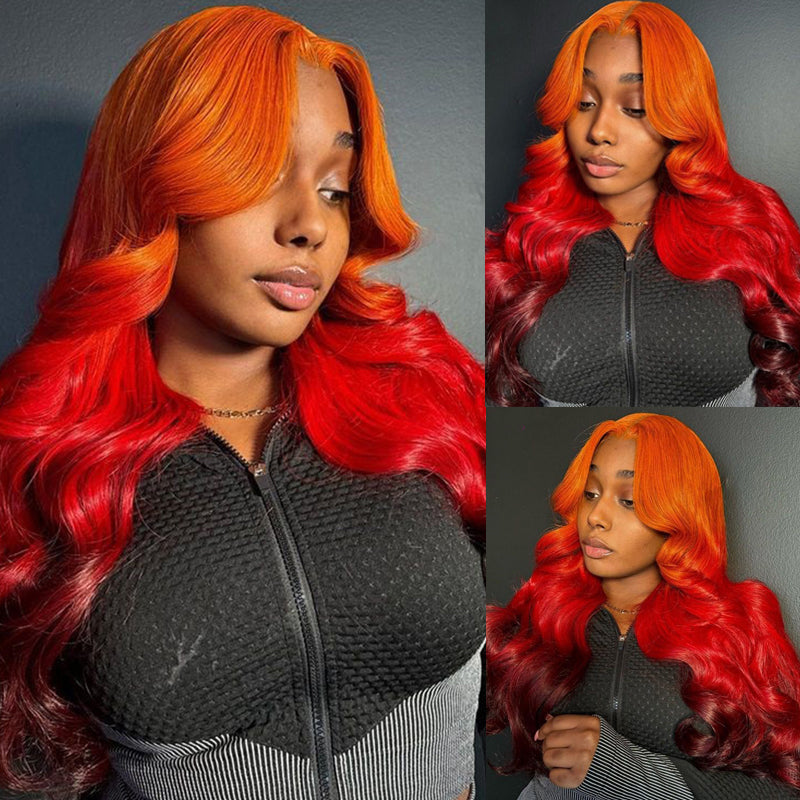 eullair Ombre Orange Red Brown Body Wave Wig Transparent Lace Frontal ...