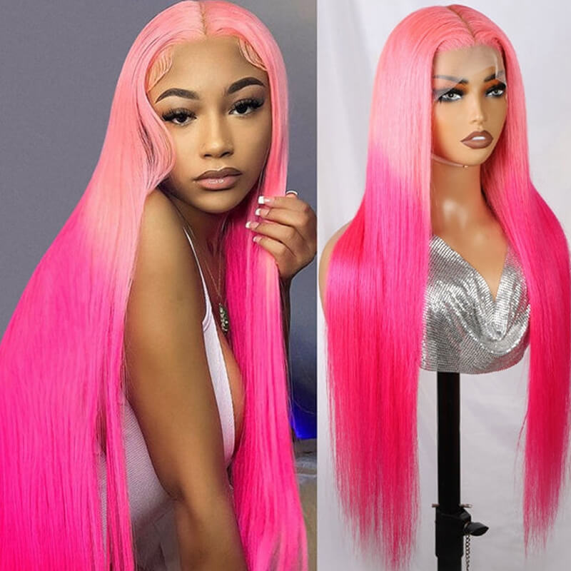 eullair Ombre Pink Straight Human Hair Wig Pre Plucked Transparent 13x4 Lace Frontal Wig Barbie Style